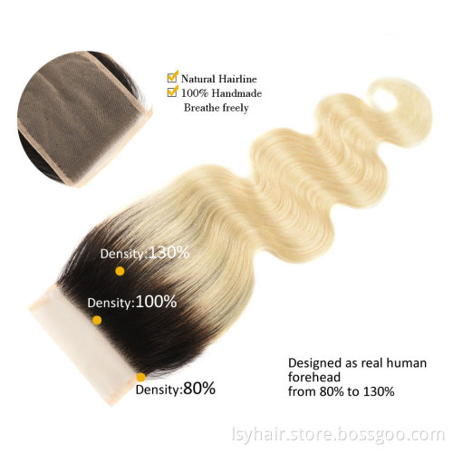 Virgin Hair Blonde 613 Brazilian Body Wave Human Hair Closure 4*4, 1B 613 Lace Closure Free Part Pre Plucked With Baby Hair
